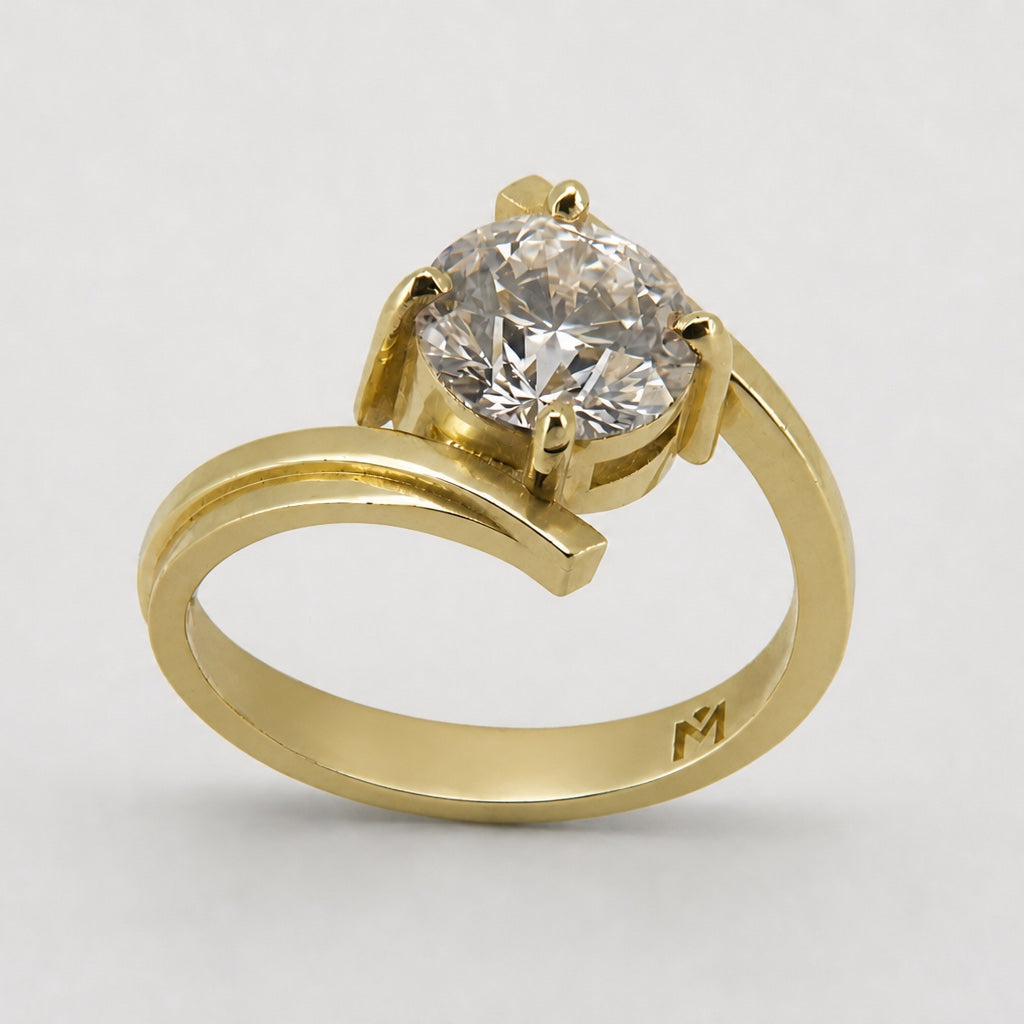 Round lab-grown diamond bypass engagement ring in 14K yellow gold, rear three-quarter view