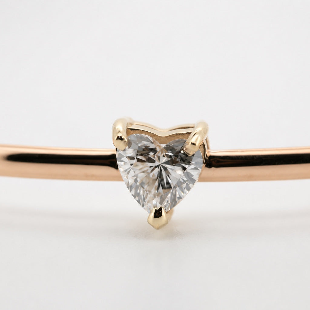 Heart-shaped lab-grown diamond open bangle in 14K yellow gold, close front view