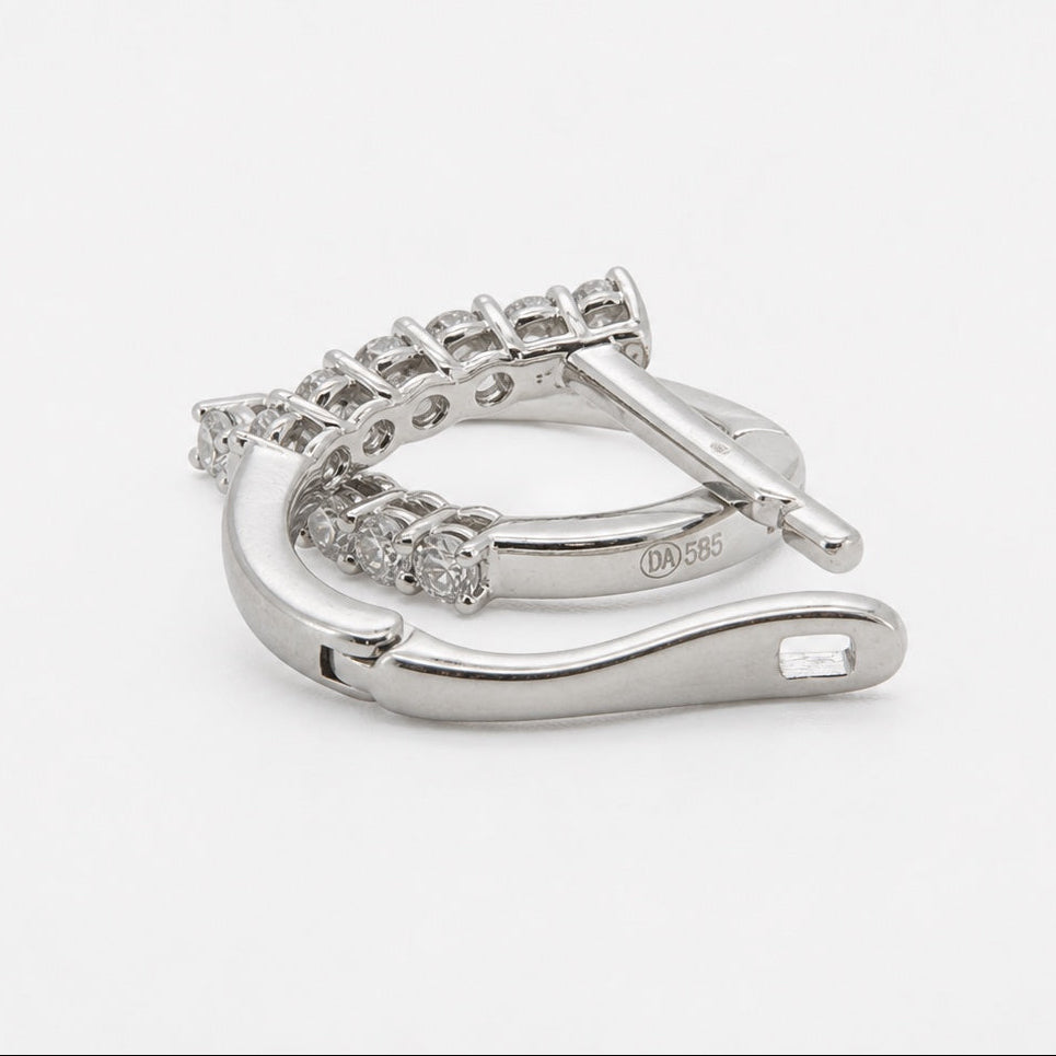 Curved stone-set 14K gold earrings, clasp and side view