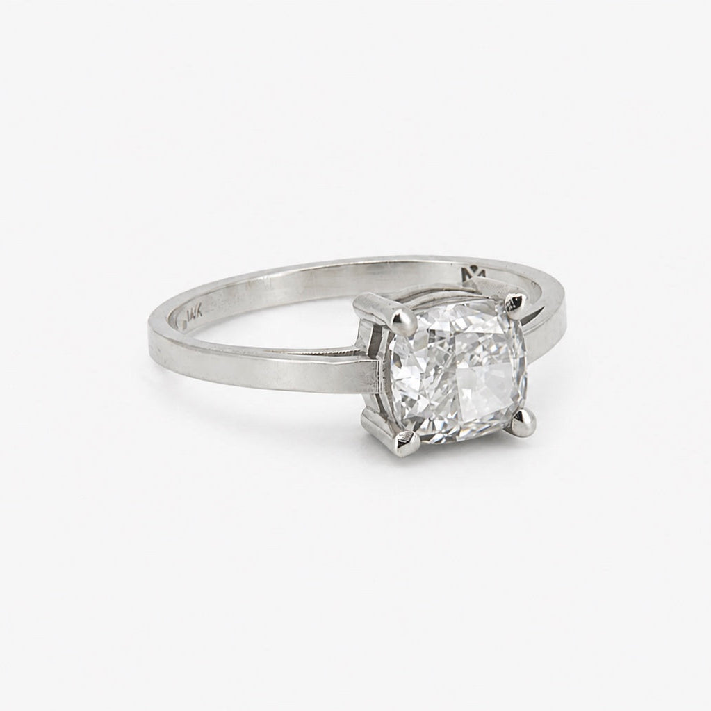 Cushion lab-grown diamond solitaire engagement ring in 14K white gold, three-quarter view
