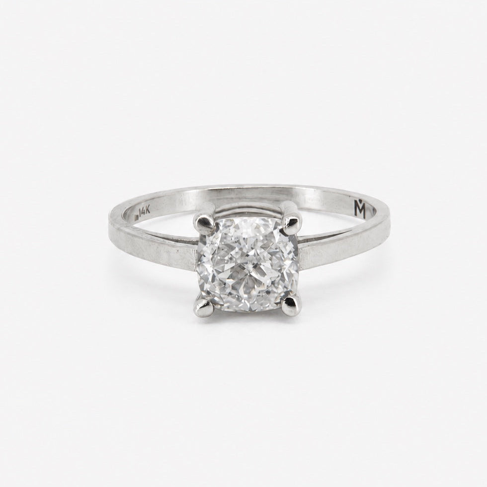 Cushion lab-grown diamond solitaire engagement ring in 14K white gold, front view