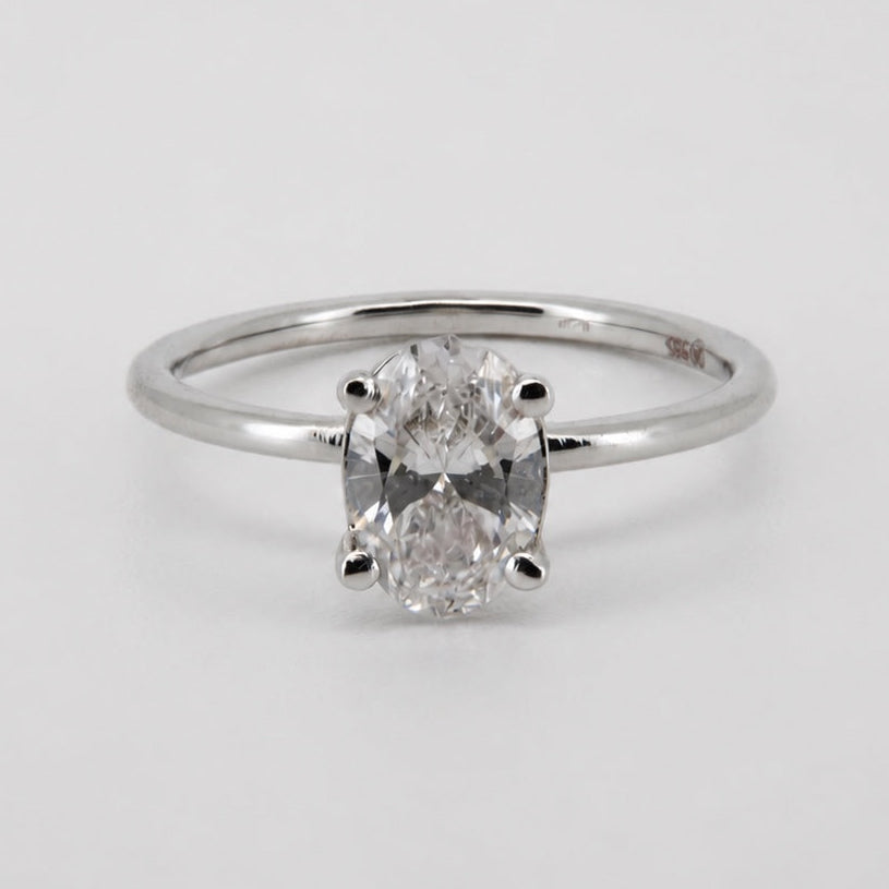 Oval lab-grown diamond solitaire engagement ring in 14K white gold, front view