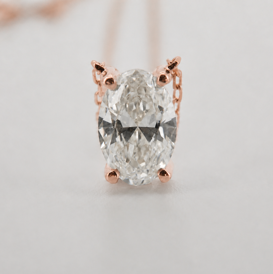 Rose-gold visualization of the oval diamond pendant necklace, front macro view #Metal_14K Rose Gold