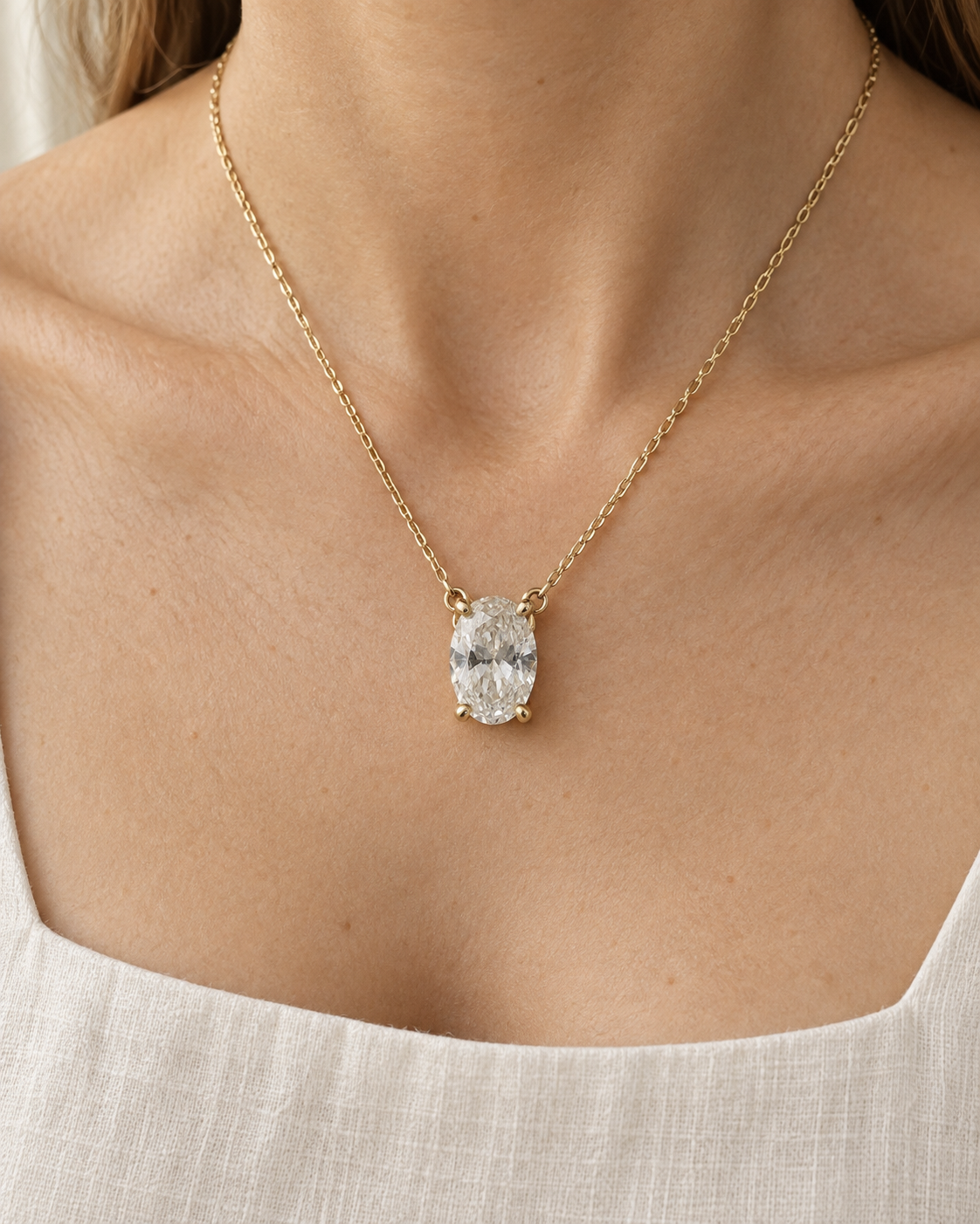 Oval pendant necklace worn on the neck — AI-generated wearing illustration. SKU 10054. #Metal_14K Yellow Gold