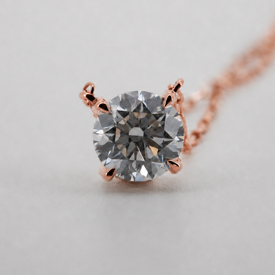 Rose-gold visualization of the round diamond pendant necklace, front macro view #Metal_14K Rose Gold