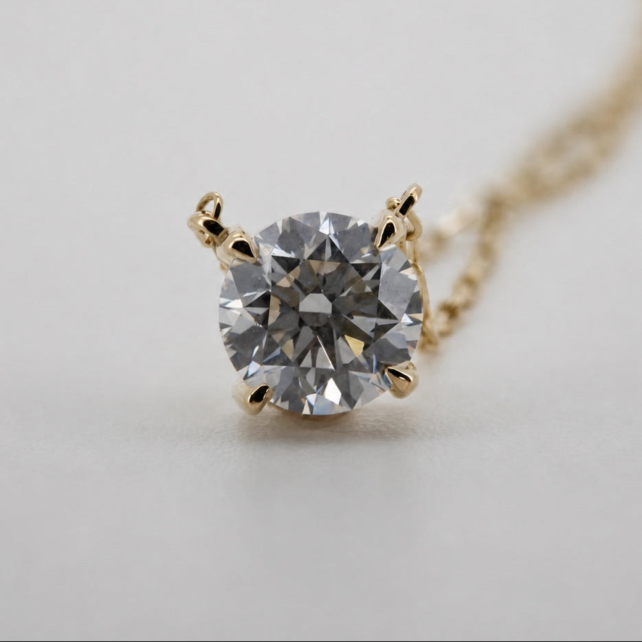 Round diamond pendant necklace in 14K yellow gold, front macro view #Metal_14K Yellow Gold