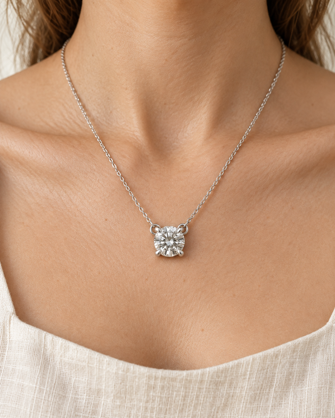 White-toned round solitaire necklace worn on the neck — AI-generated wearing illustration. SKU 10061.