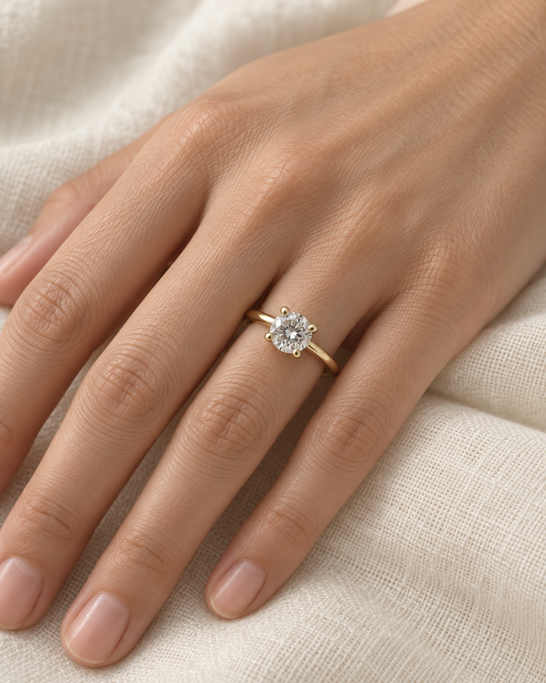 PESO SKU 10064 round solitaire ring on hand — AI-generated wearing illustration; scale and fit are illustrative. #Metal_14K Yellow Gold