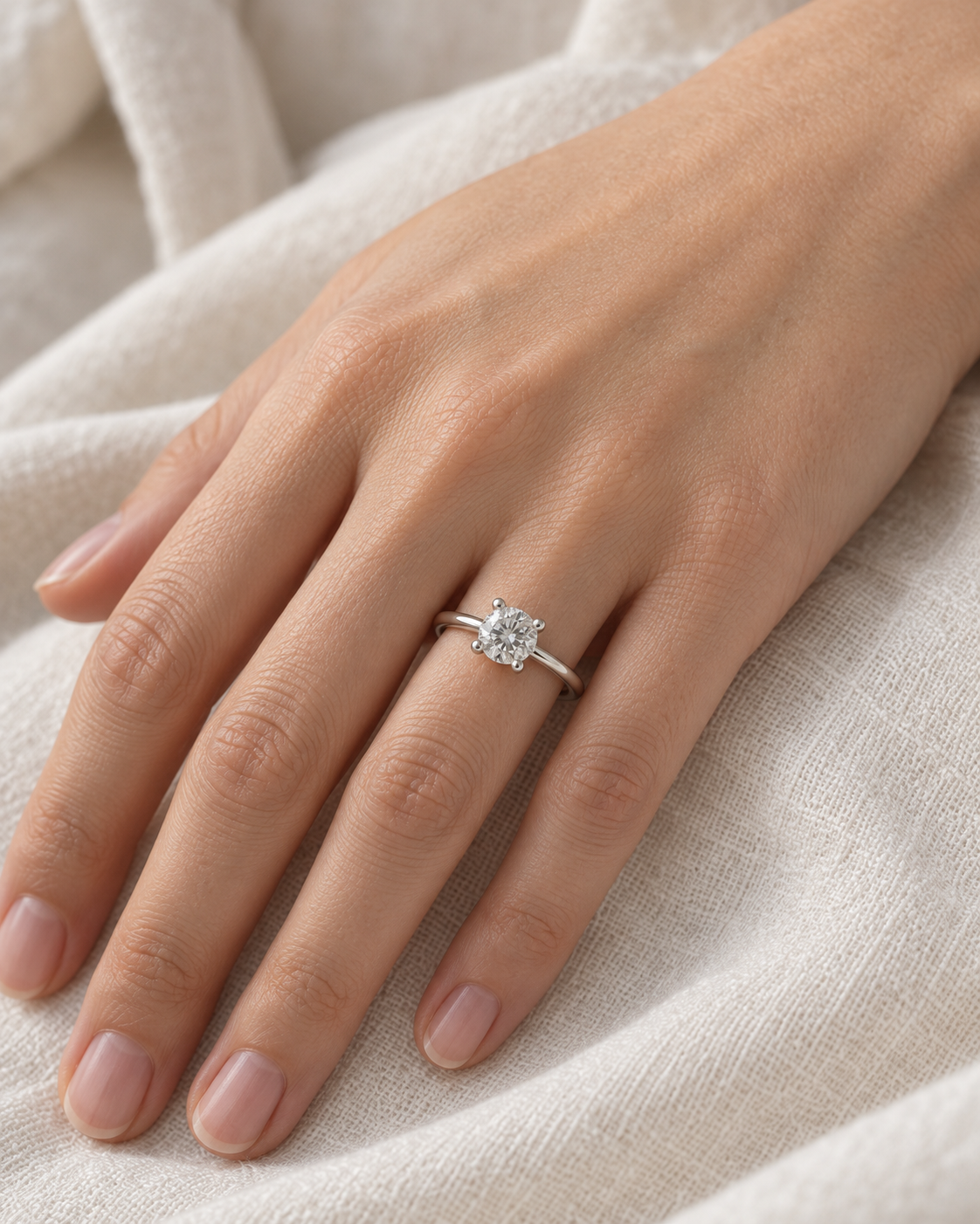 PESO SKU 10065 round solitaire ring on hand — AI-generated wearing illustration; scale and fit are illustrative.
