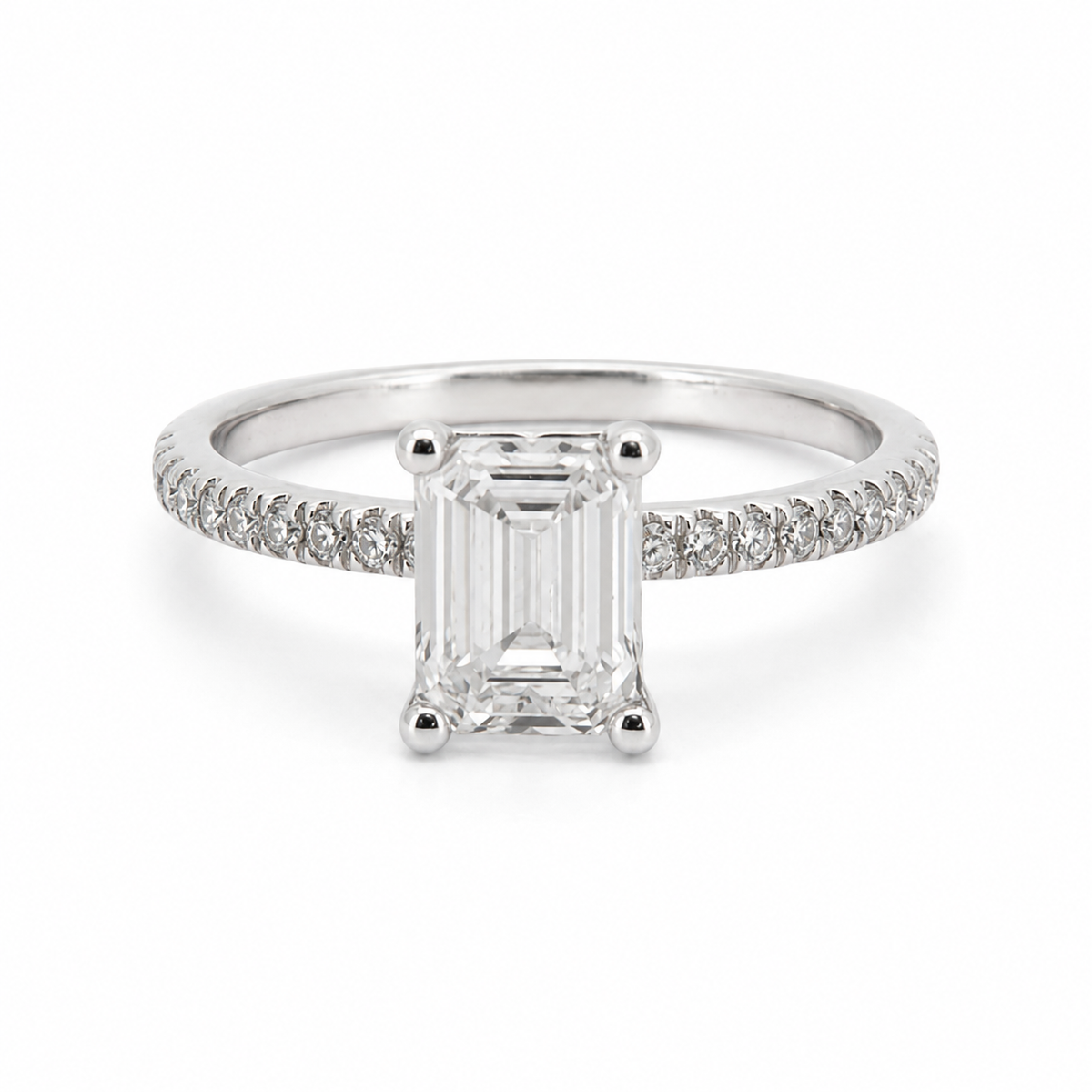PESO 10078 emerald solitaire engagement ring with stone-set band, front view, 14K white gold