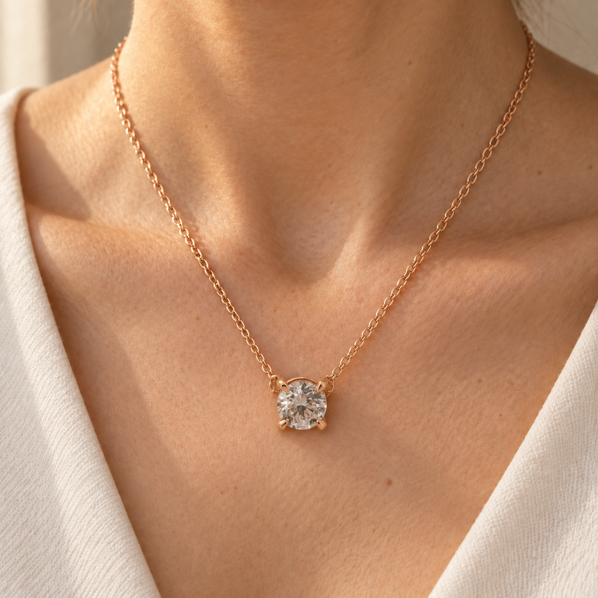 Rose-gold solitaire necklace worn with the pendant facing forward — AI-generated wearing illustration. SKU 10088.