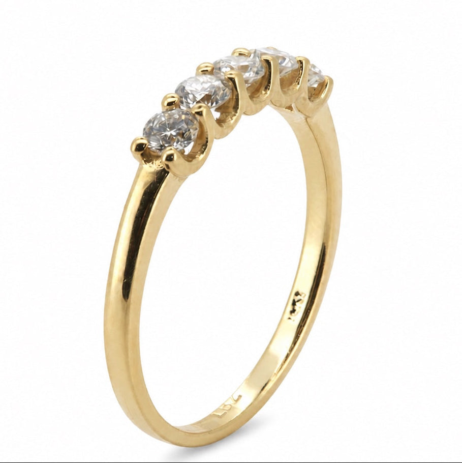 Upright three-quarter view of the five-stone round 14K yellow gold ring