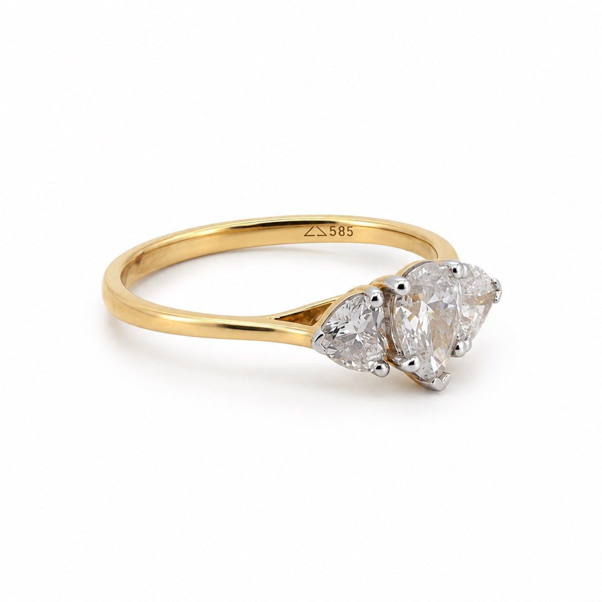 Three-stone pear engagement ring, view 1