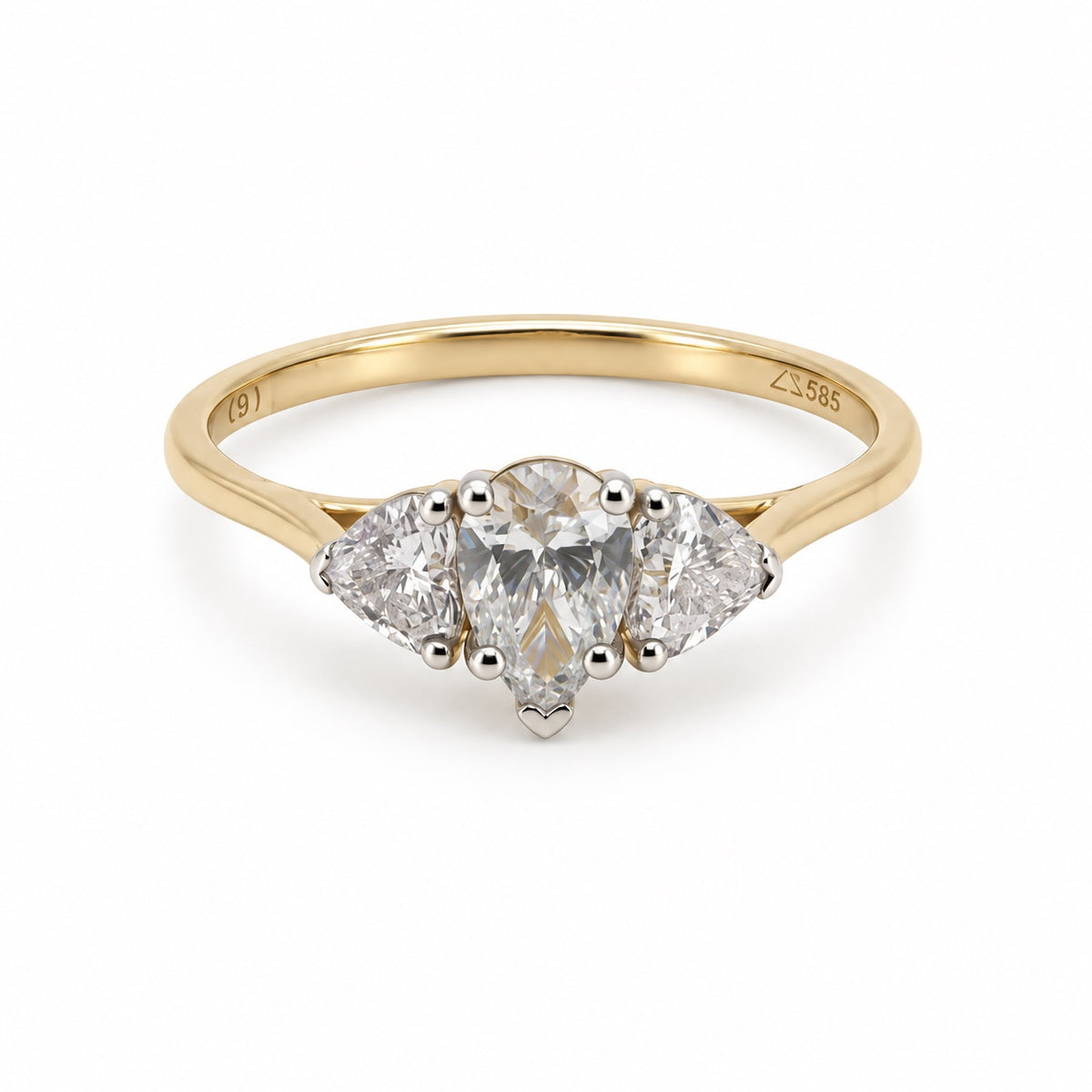 Three-stone pear engagement ring, view 2