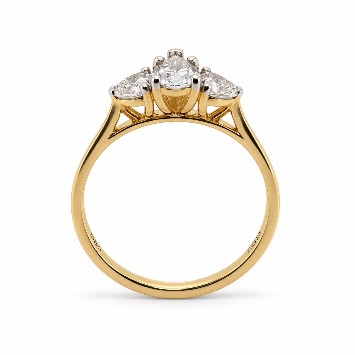 Three-stone pear engagement ring, view 3