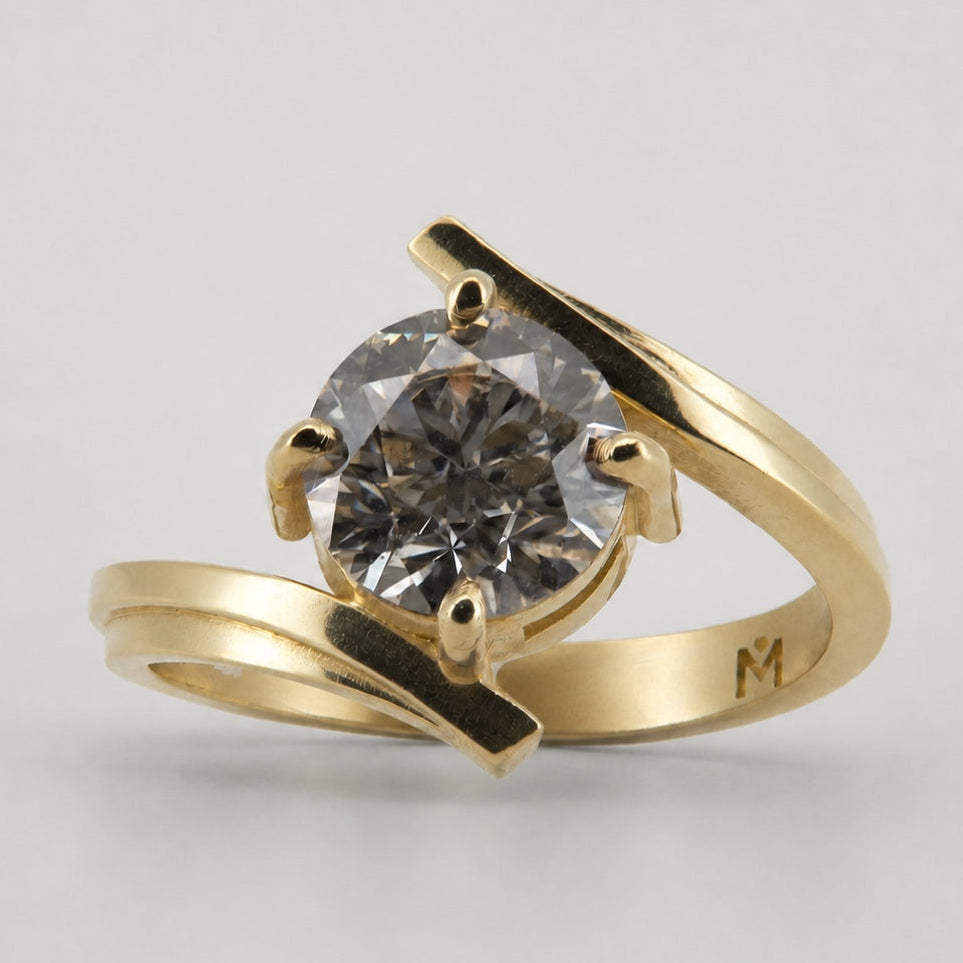 Round lab-grown diamond bypass engagement ring in 14K yellow gold, front three-quarter view