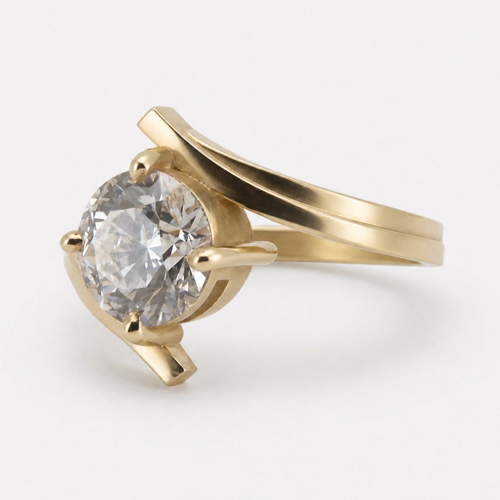 Round lab-grown diamond bypass engagement ring in 14K yellow gold, opposite three-quarter view