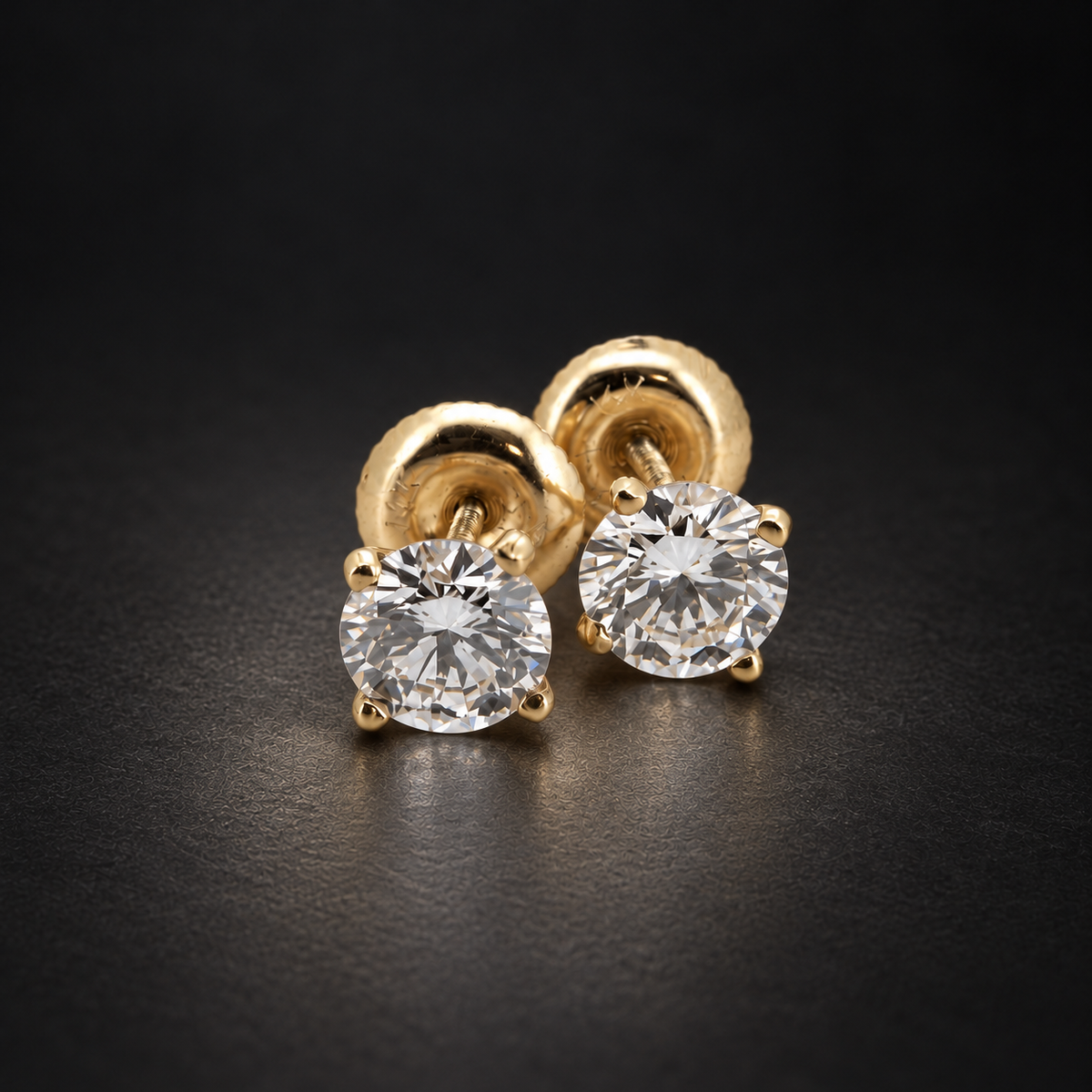 PESO 10028 round solitaire studs on a charcoal background — AI-assisted product illustration.