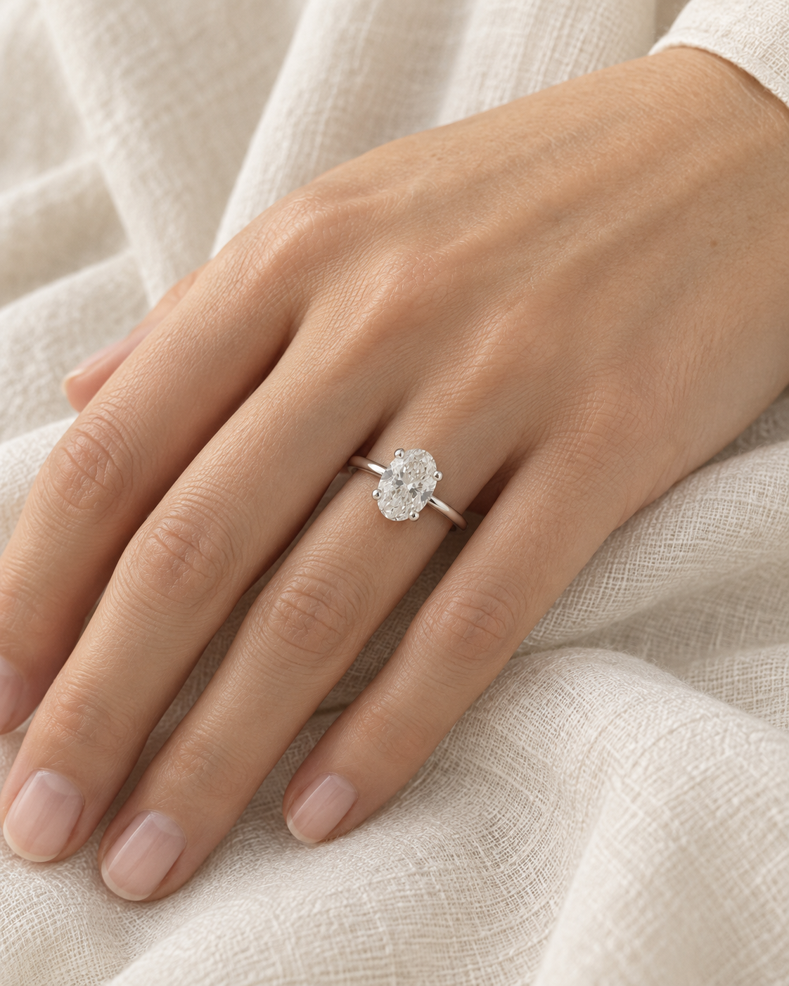 White-metal oval solitaire ring worn on a hand — AI-generated wearing illustration. SKU 10042.