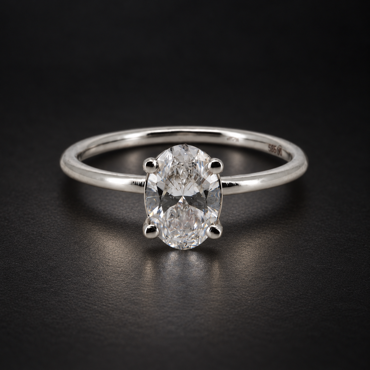 PESO 10043 oval solitaire ring on a charcoal background — AI-assisted product illustration.
