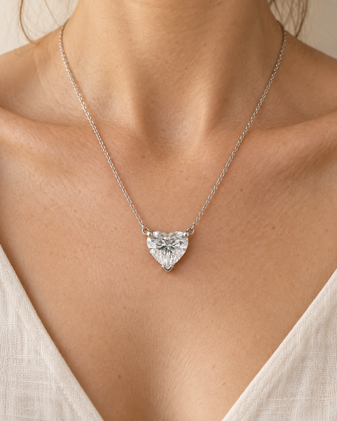 White-gold heart solitaire necklace worn with the pendant facing forward — AI-generated wearing illustration. SKU 10048.