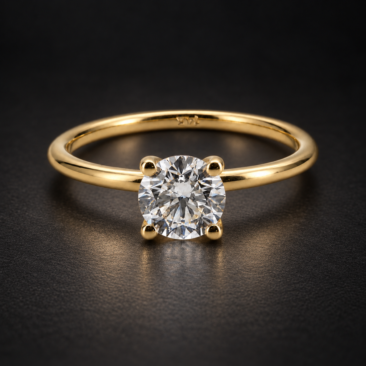 PESO 10049 round solitaire ring on a charcoal background — AI-assisted product illustration.
