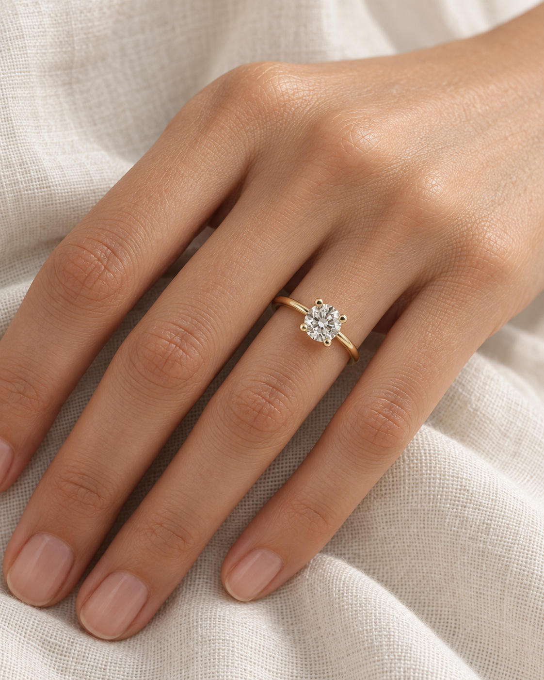 Yellow-gold solitaire ring worn on a hand — AI-generated wearing illustration. SKU 10049.