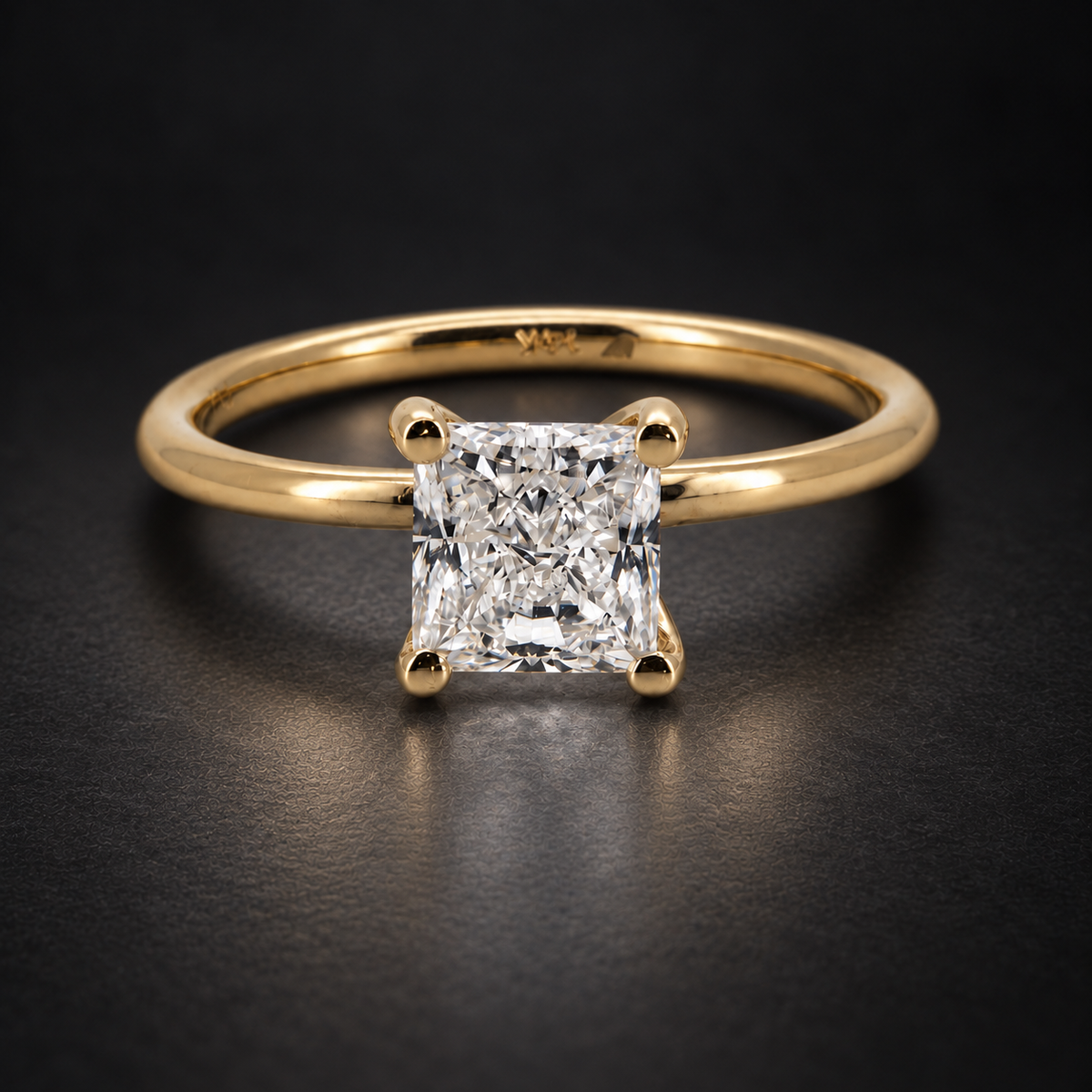 PESO 10050 princess solitaire ring on a charcoal background — AI-assisted product illustration.
