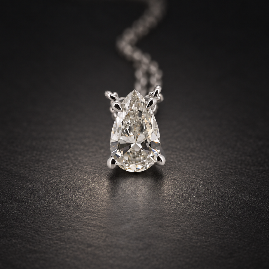 PESO 10052 pear pendant on a charcoal background — AI-assisted product illustration.