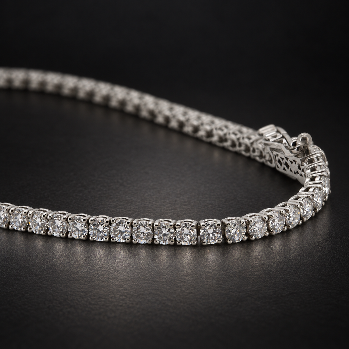 PESO 10053 tennis bracelet on a charcoal background — AI-assisted product illustration.
