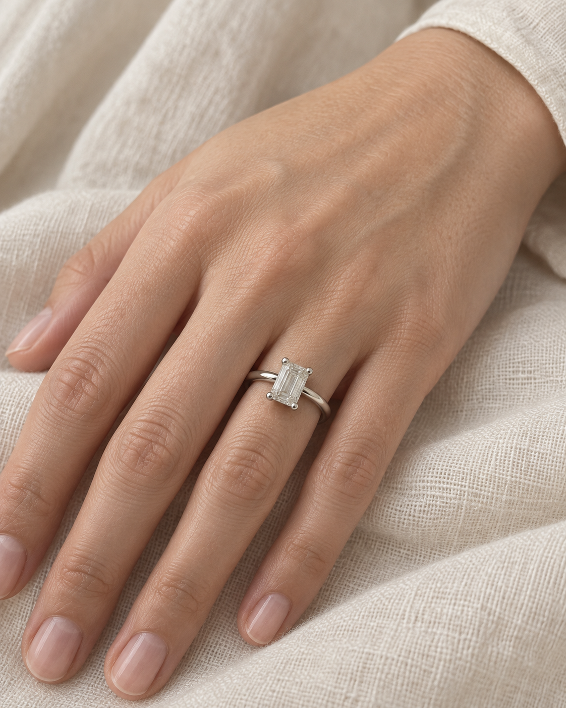 Emerald solitaire ring worn on a hand — AI-generated wearing illustration. SKU 10057. #Metal_14K White Gold