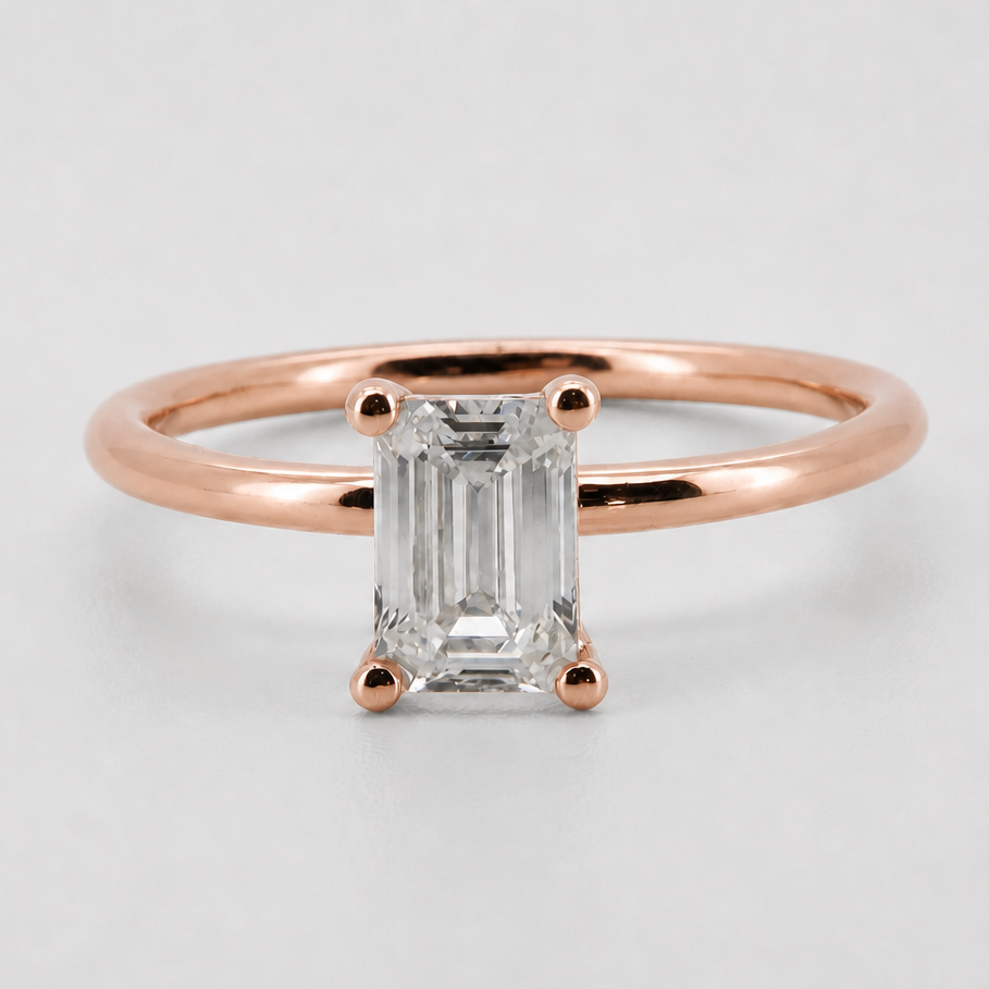 Rose-gold visualization of the emerald-cut solitaire engagement ring, front view #Metal_14K Rose Gold