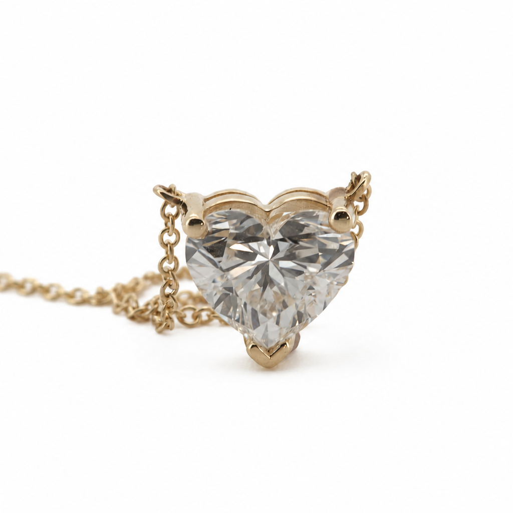 PESO 10059 heart solitaire pendant necklace, wider front view with chain, 14K yellow gold