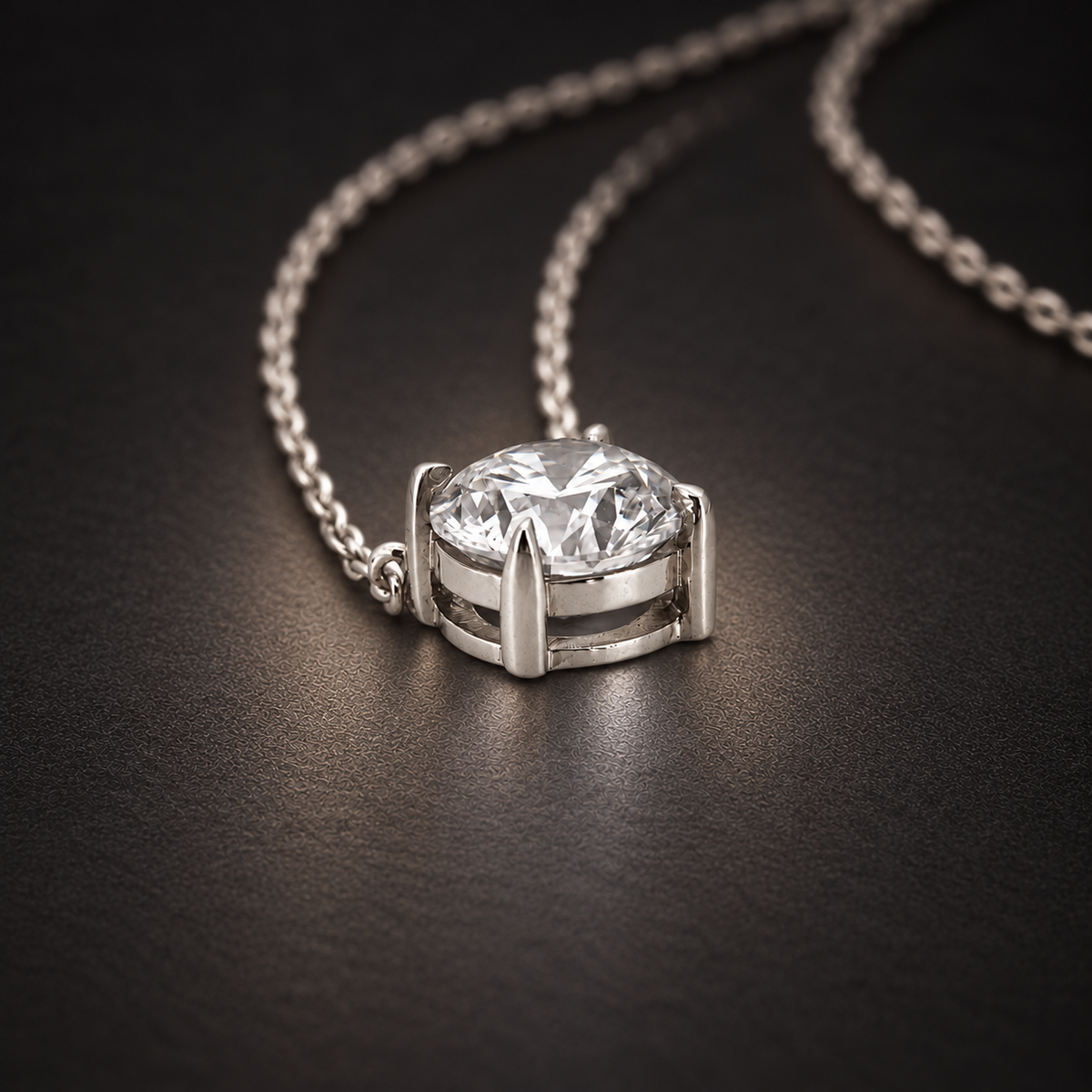PESO 10061 round solitaire pendant necklace on a charcoal background, three-quarter view — AI-assisted product illustration.