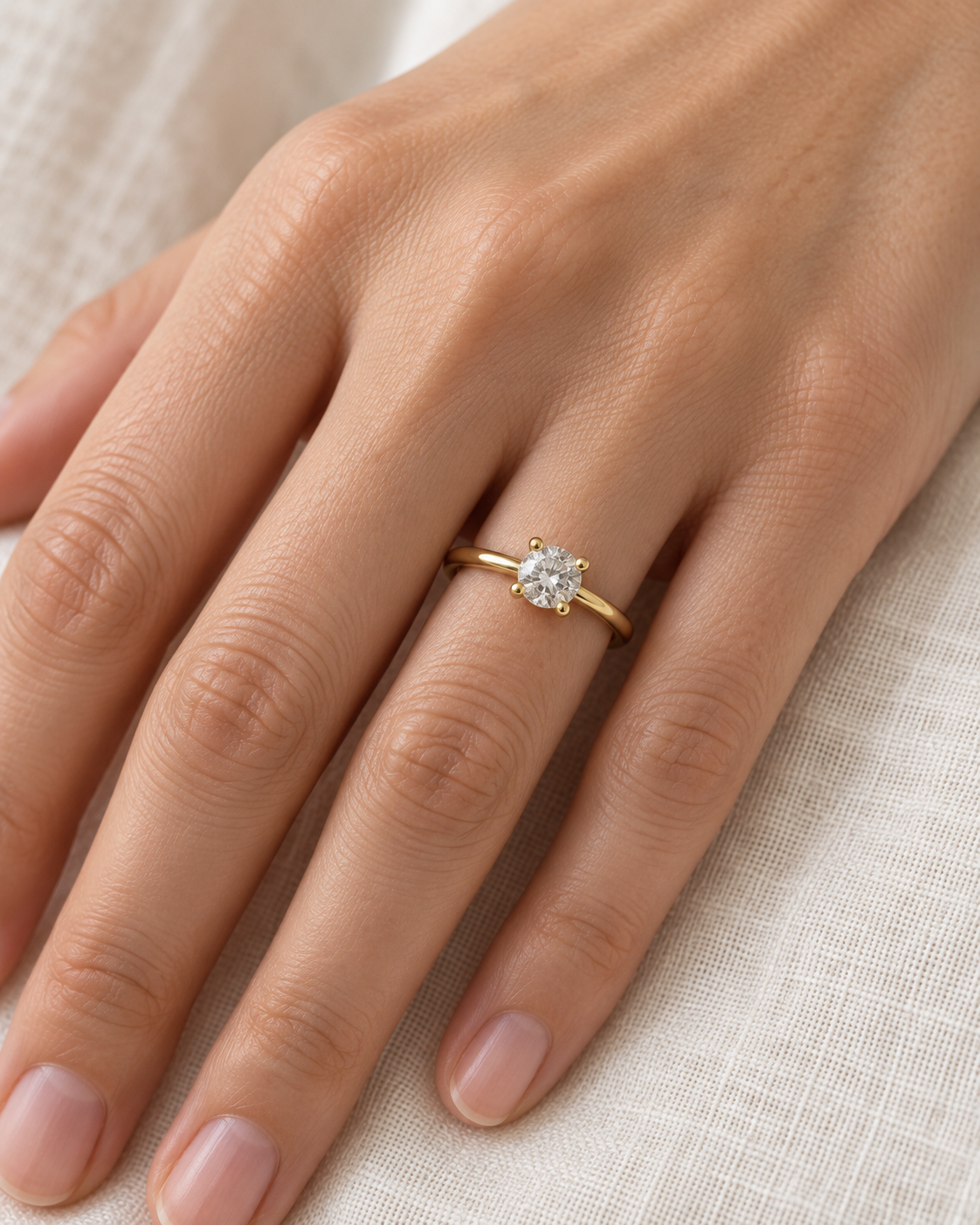 Yellow-gold round solitaire ring worn on a hand — AI-generated wearing illustration. SKU 10063.