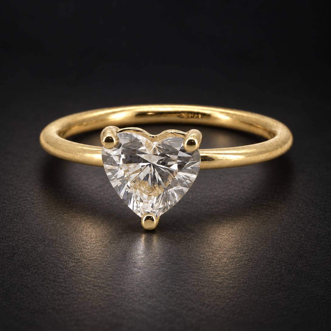 PESO 10068 heart solitaire ring on a charcoal background — AI-assisted product illustration.