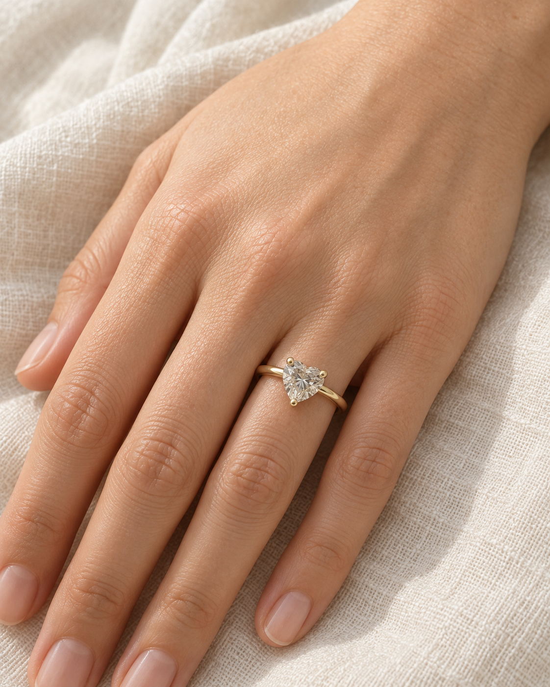 PESO SKU 10068 heart solitaire ring on hand — AI-generated wearing illustration; scale and fit are illustrative.