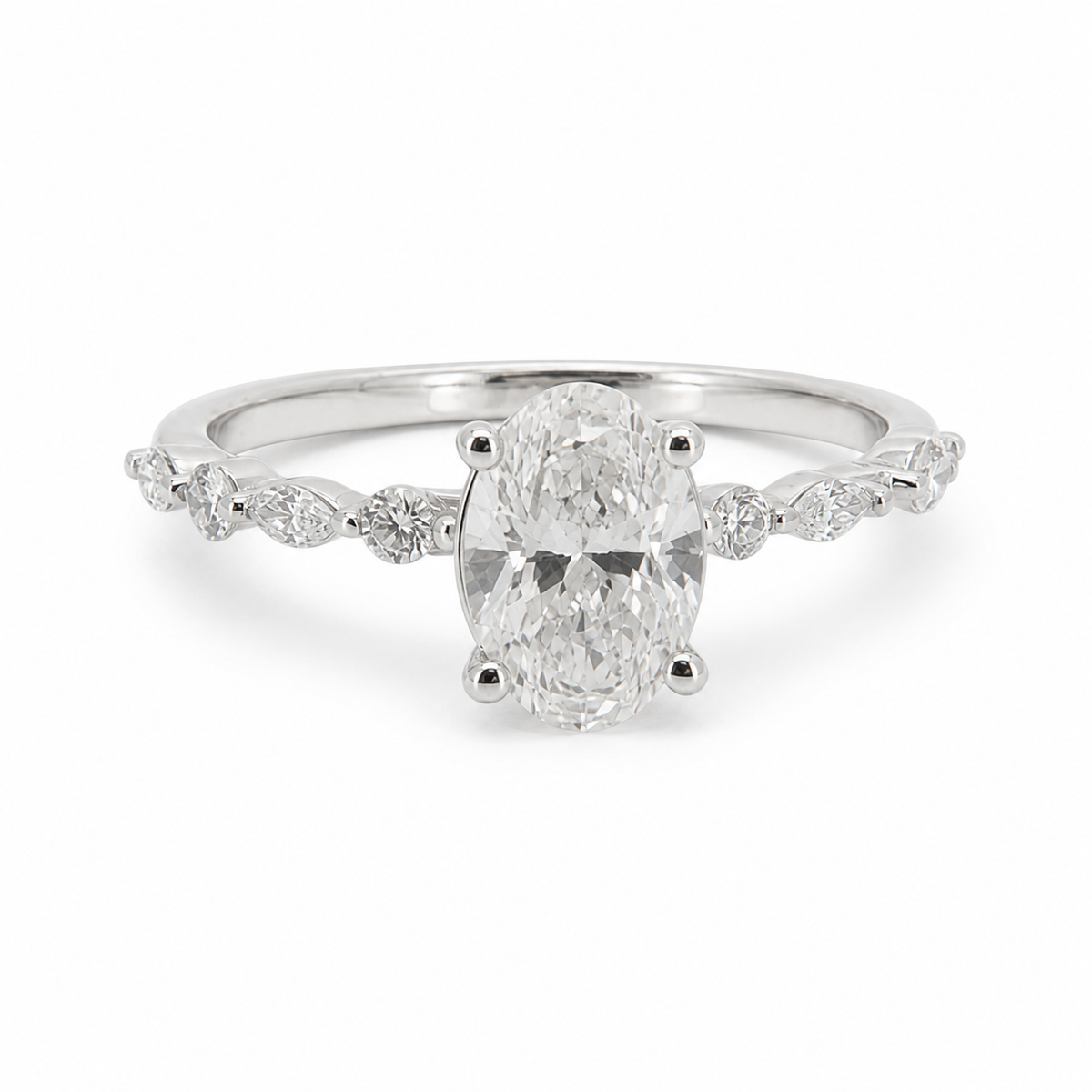 PESO 10083 oval solitaire engagement ring with alternating marquise and round side stones, front view, 14K white gold