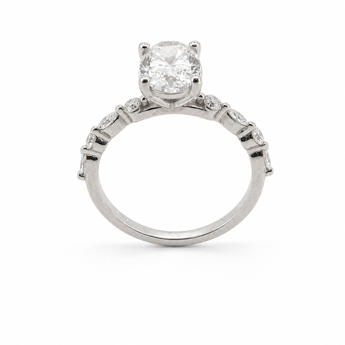 PESO 10083 oval solitaire engagement ring with alternating marquise and round side stones, upright side profile, 14K white gold