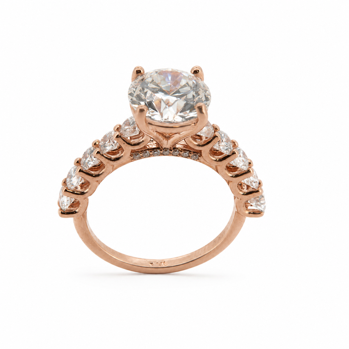 PESO 10085 round solitaire engagement ring with openwork graduated side stones, rear upright view, 14K rose gold