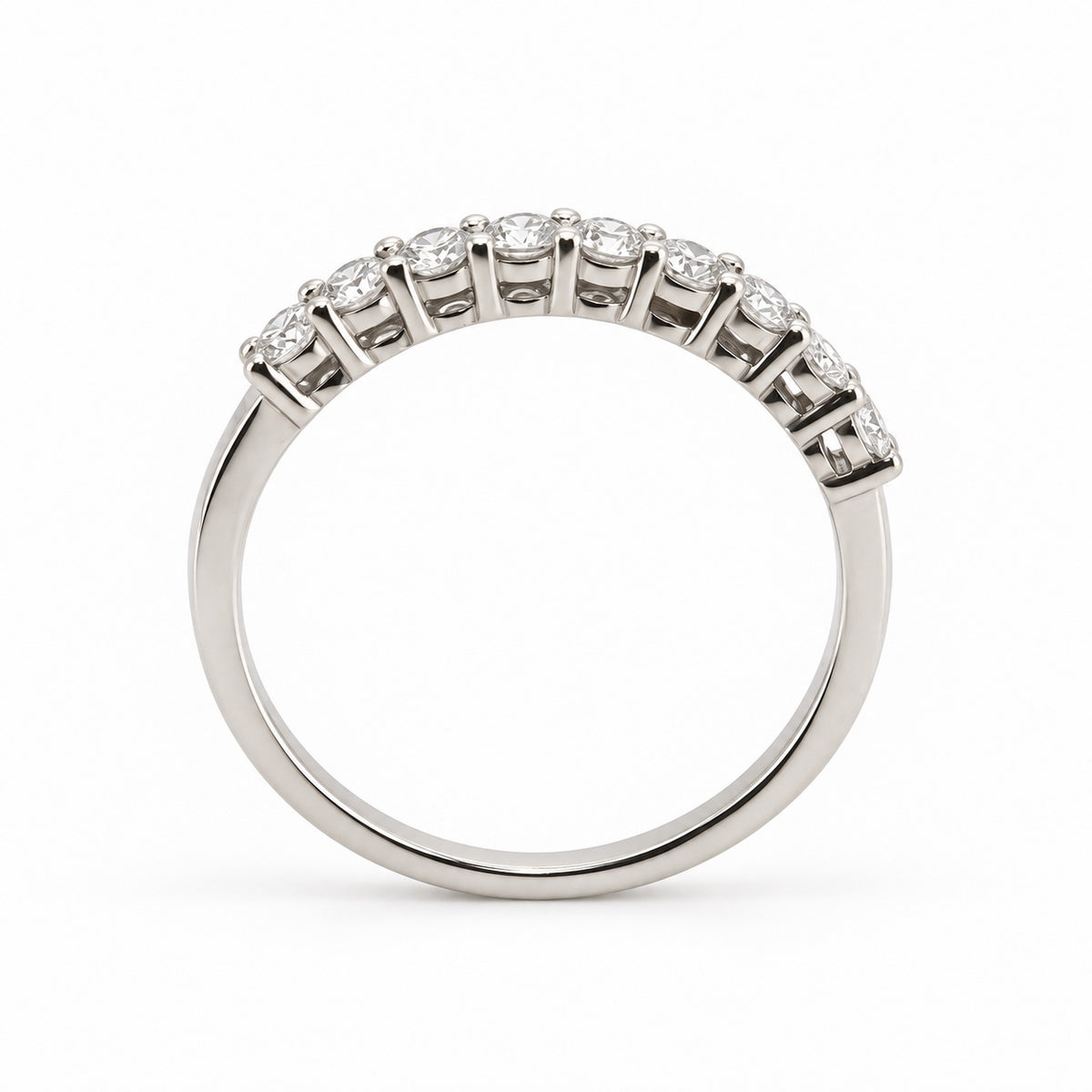 Curved nine-stone ring in 14K white gold, rear profile view