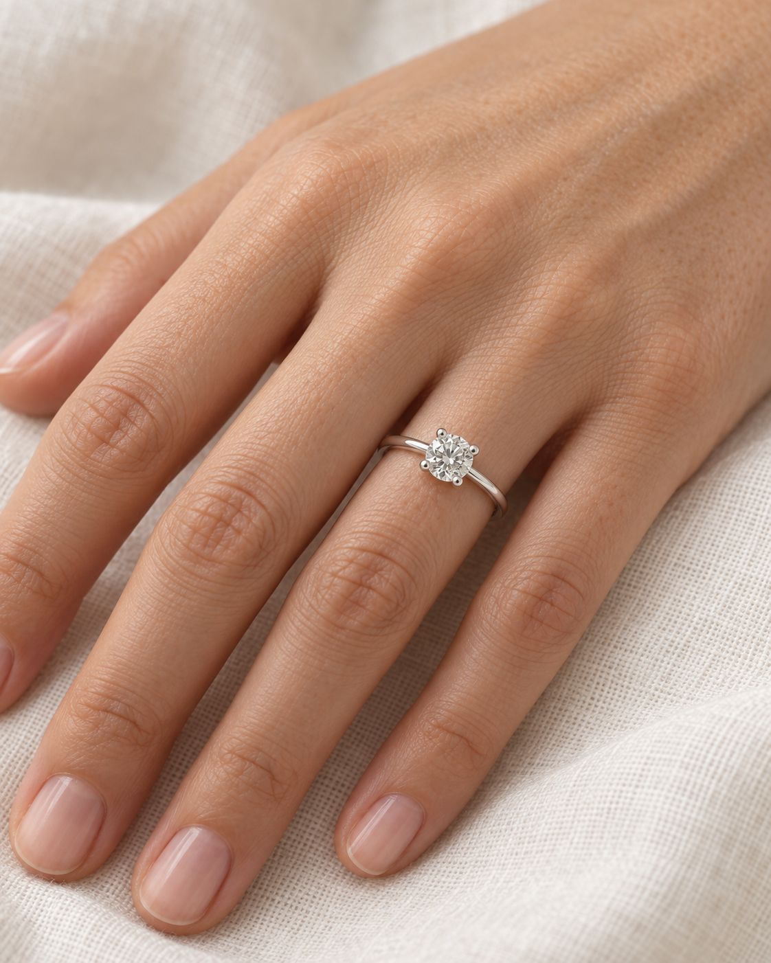 White-gold round solitaire ring worn on a hand — AI-generated wearing illustration. SKU 10096.