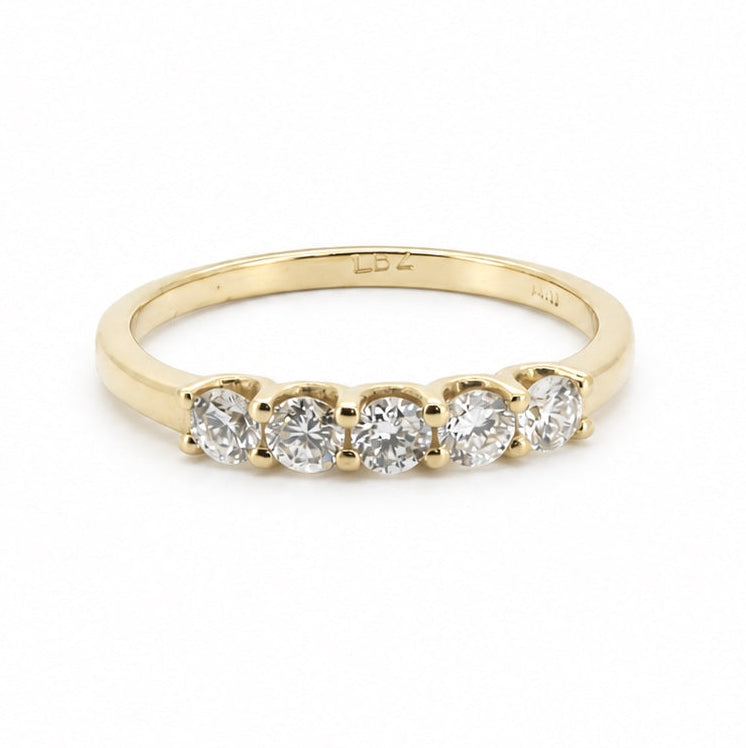 Front view of the five-stone round 14K yellow gold ring