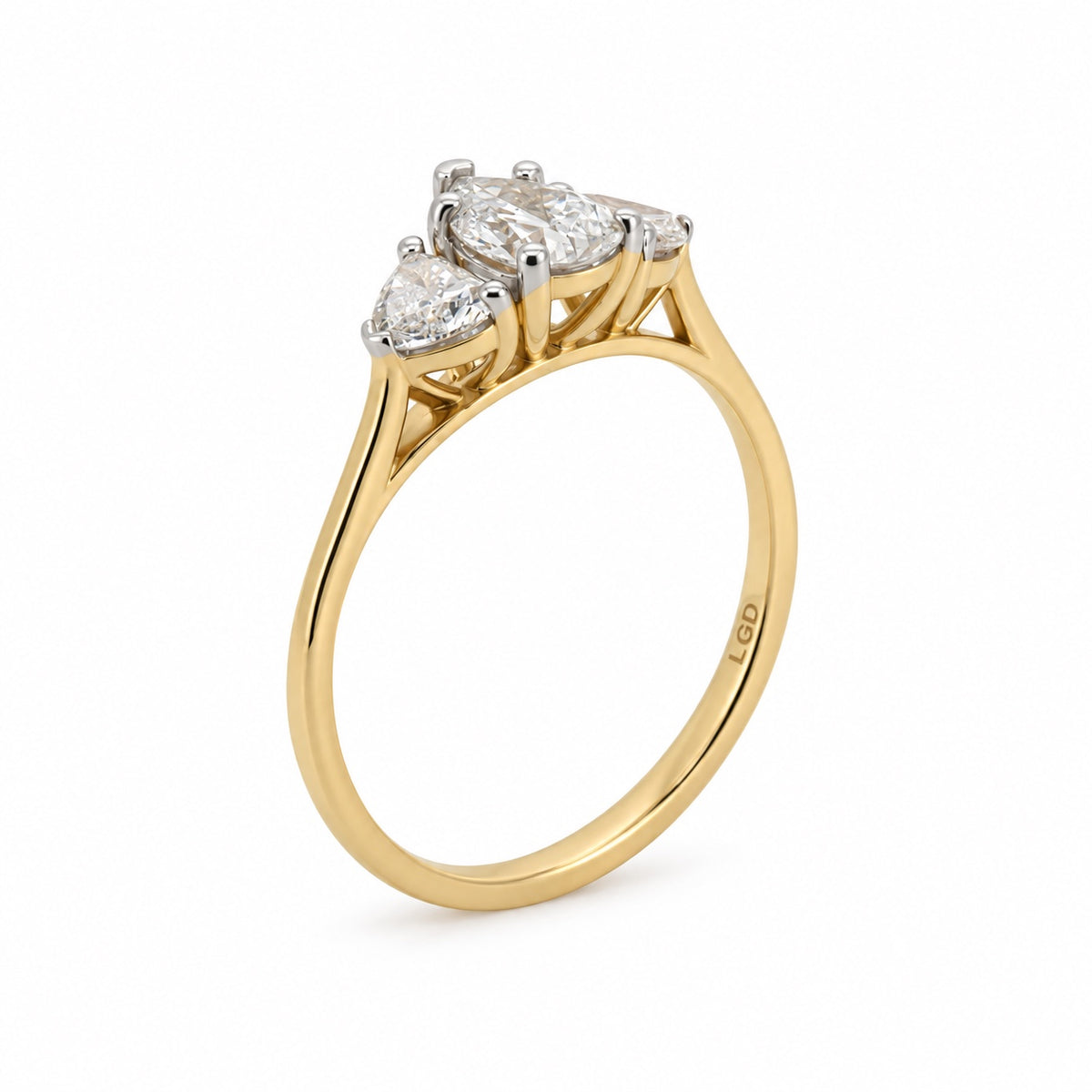 Three-stone pear engagement ring, view 4